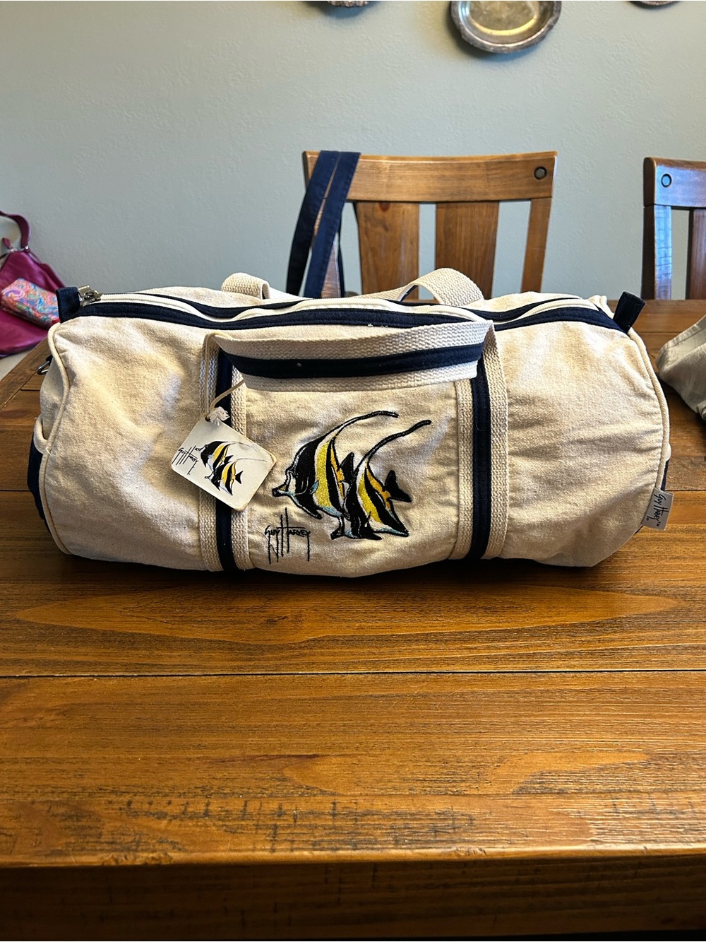 Vintage Guy Harvey Canvas Duffel Bag with Angelfish Embroidery